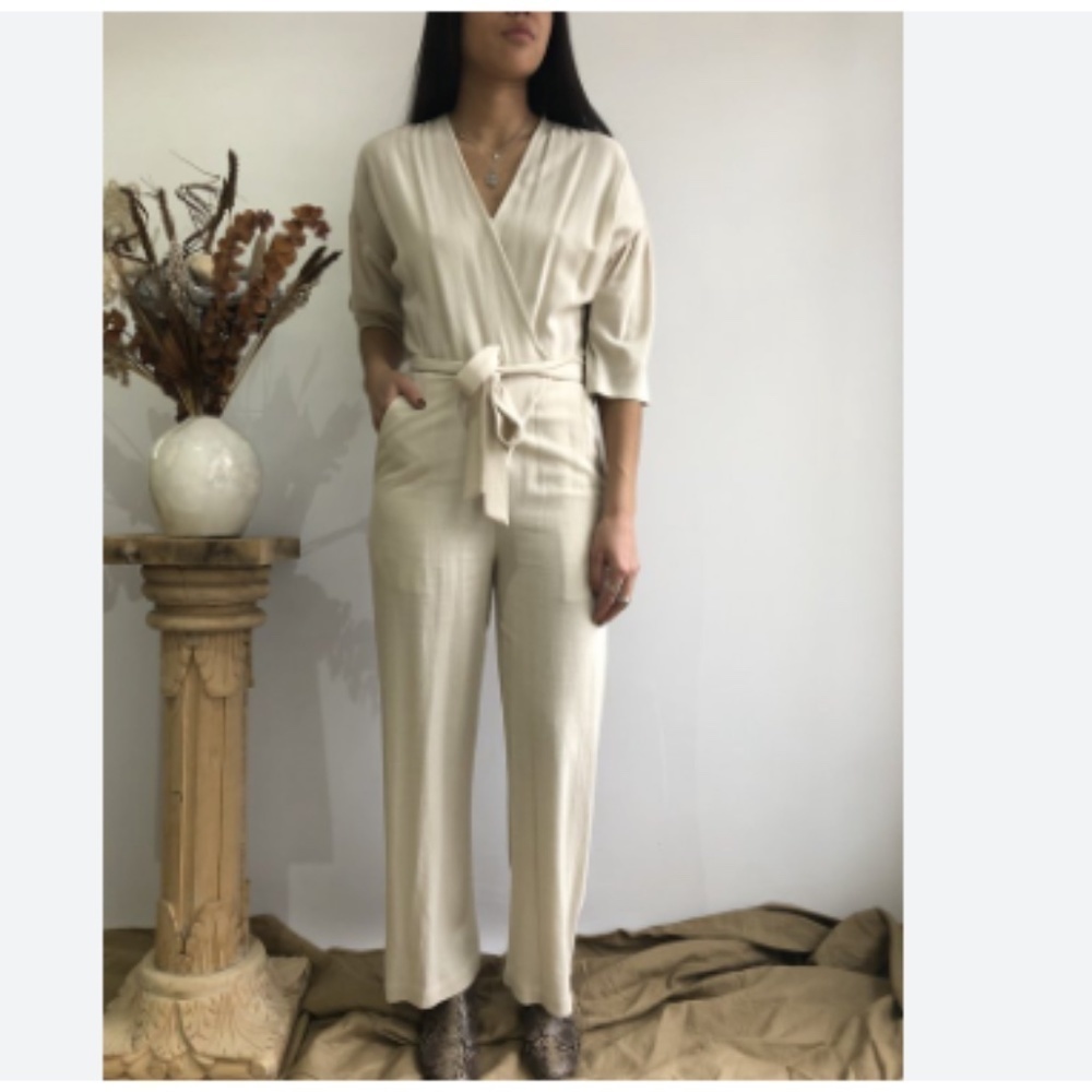 Eve Gravel Wild Boy Wrap Belted Linen Jumpsuit Cream Minimalist Neutral XS